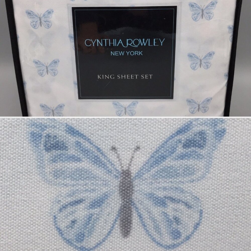 4pc Cynthia Rowley Delicate Butterfly KING Sheet Set Blue Gray 17" Deep Mattress